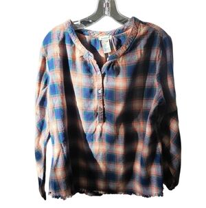 Sundance Plaid Cotton Henley Pullover Shirt Size Large